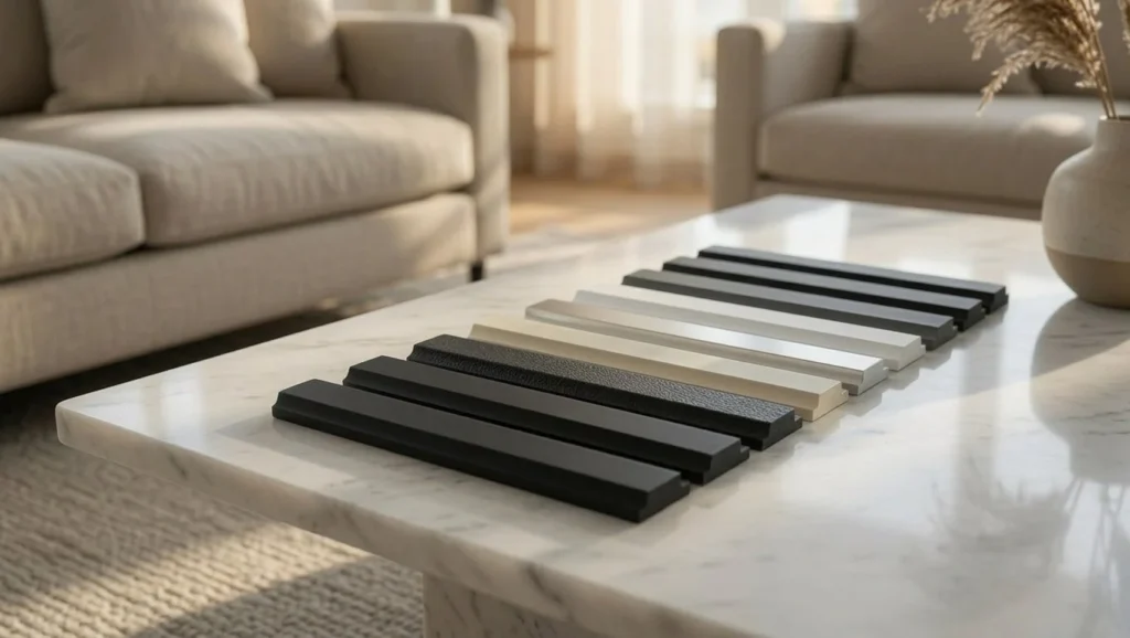 Frame profile samples in white, timber and black laid out on a table