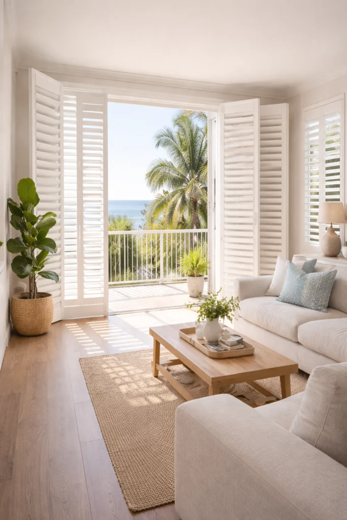 Coastal living room with white plantation shutters opening onto an ocean-view balcony