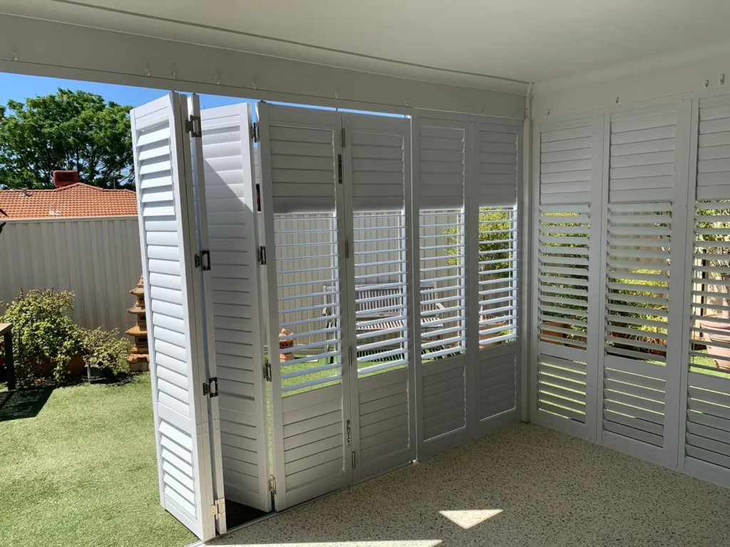 Exterior plantation shutters seen from outside the home