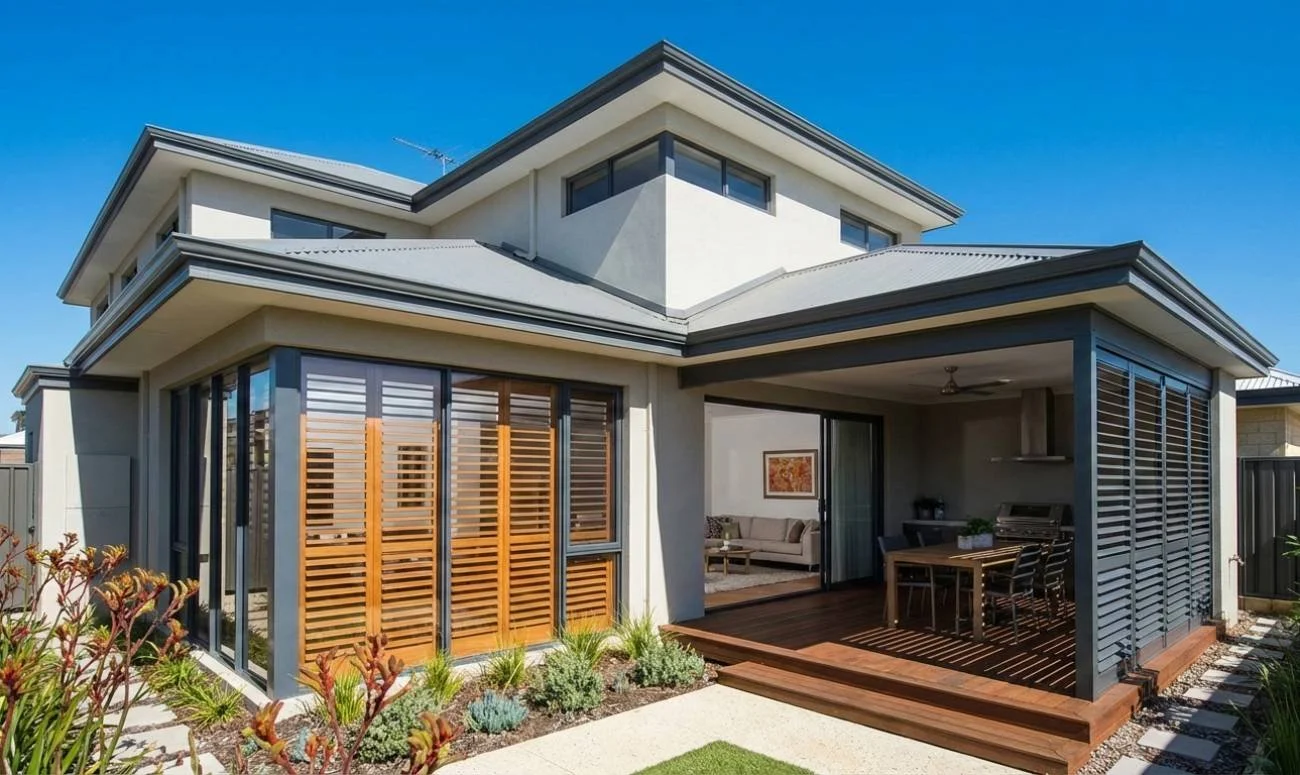 House with aluminium plantation shutters installed outside
