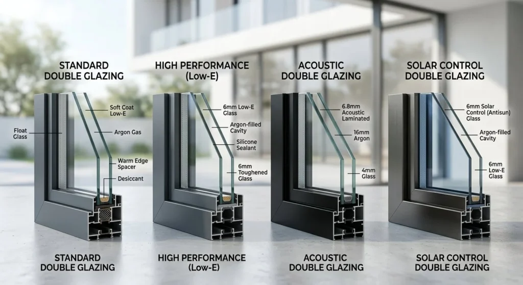 Cross-sections of four double-glazed window units with different glass options