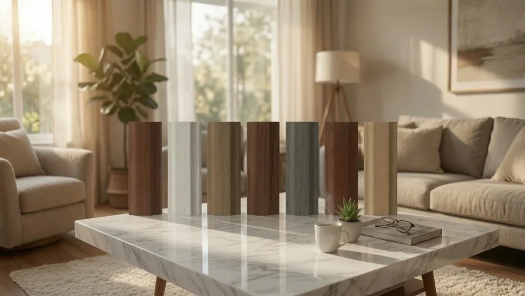 Frame colour samples from white to timber looks and black, standing on a coffee table in a living room