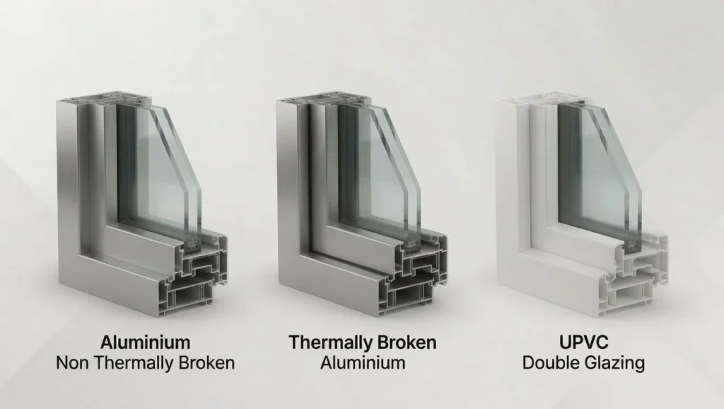 Corner sections of non-thermally broken aluminium, thermally broken aluminium and uPVC double-glazed frames