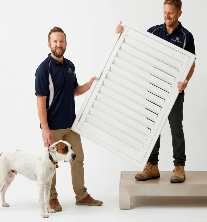 Grant and Michael from Perth's Boutique Plantation Shutters holding a white plantation shutter panel, with their dog