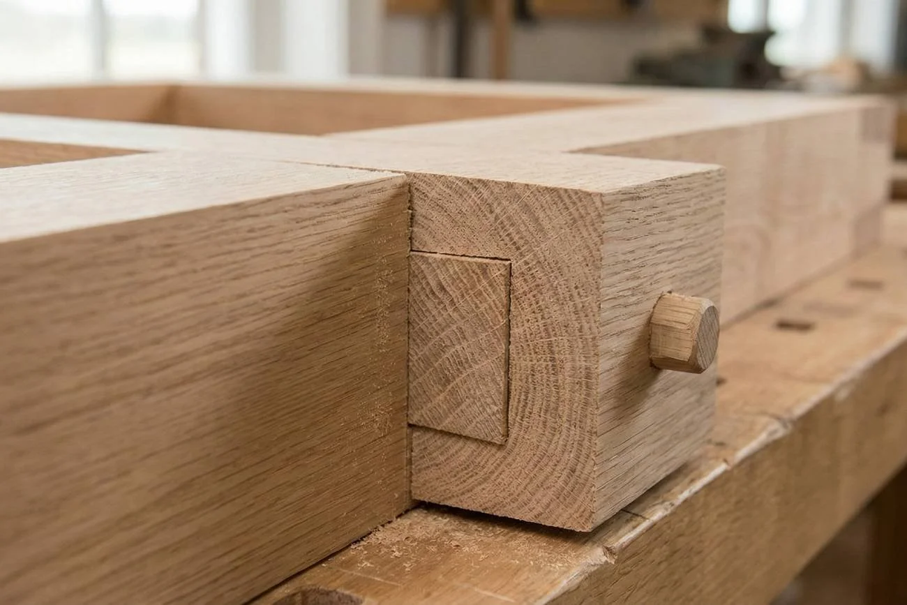 Close-up of a mortise and tenon joint in a shutter frame